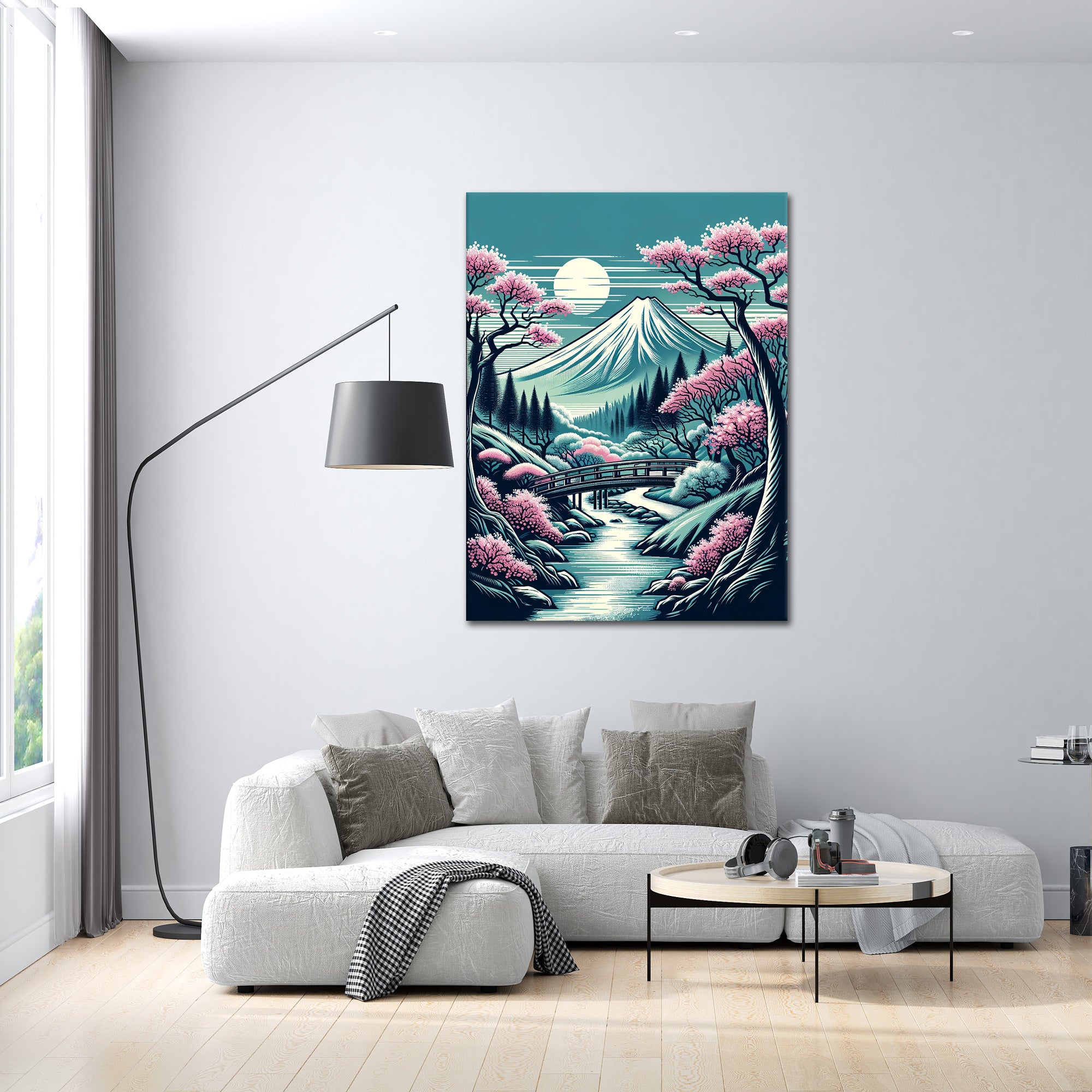 Modernes Wohnzimmer mit japanischer Landschaftsleinwand – Kunstbild mit Fluss, Kirschblüten, Brücke und Bergmotiv als hochwertige Wanddekoration für stilvolle Inneneinrichtung.