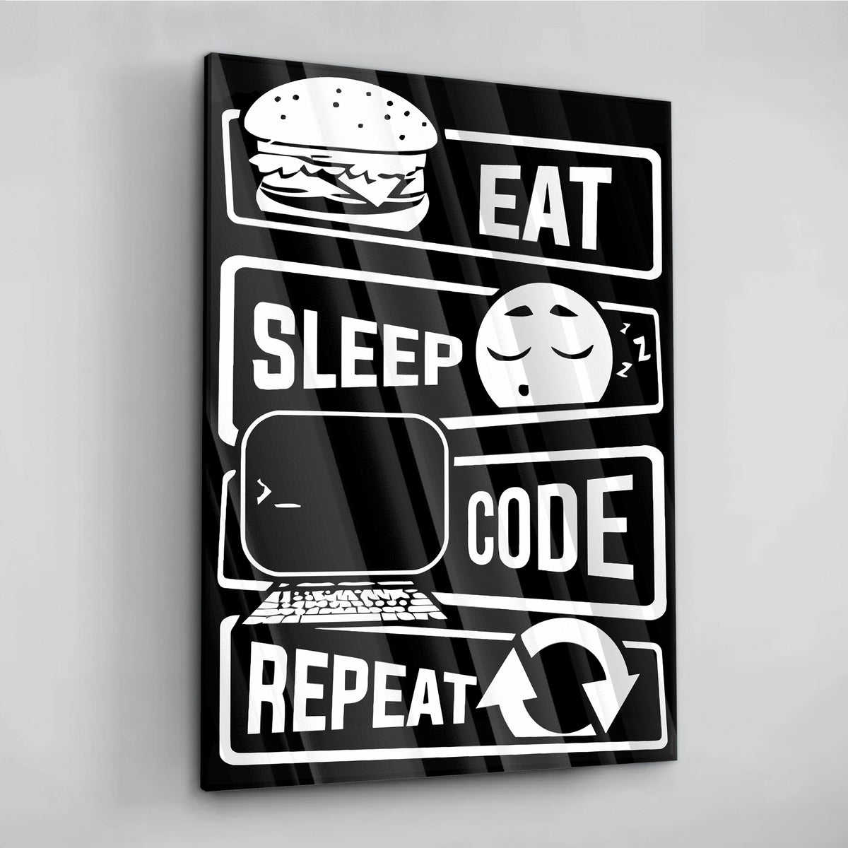 Eat Sleep Code Repeat - алуминиево акрилно стъкло